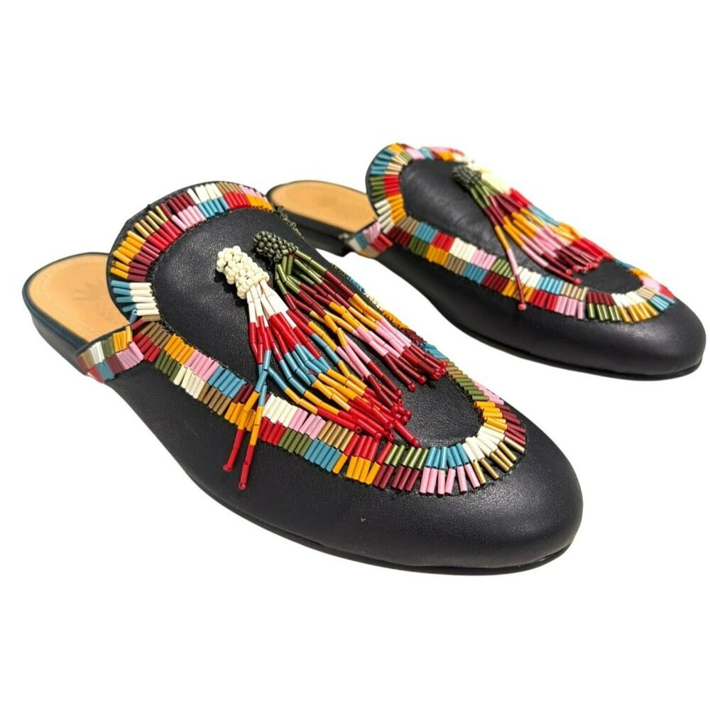 Farm Rio $165 MSRP Beaded Slip On Black Leather Mule Shoes Size 7 New